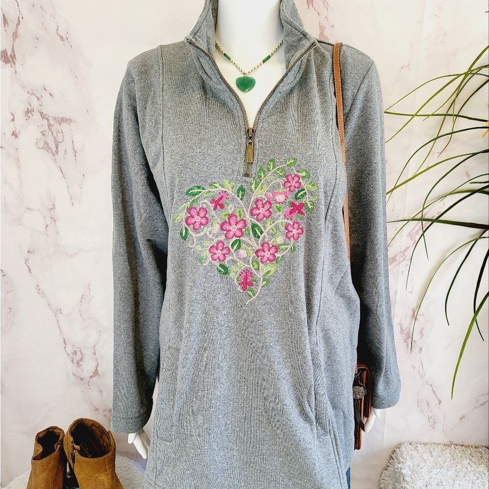 Coldwater Creek Gray Sweater with Pink Floral Heart